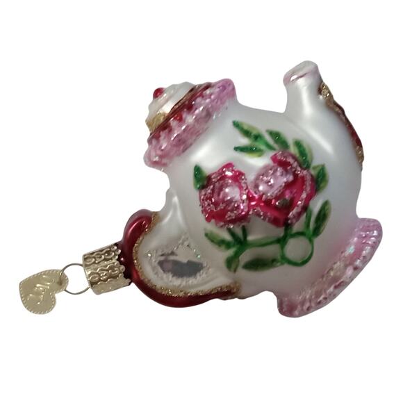 Old World Christmas Glass Ornament Pink White Teapot Rose Glitter - Picture 3 of 5